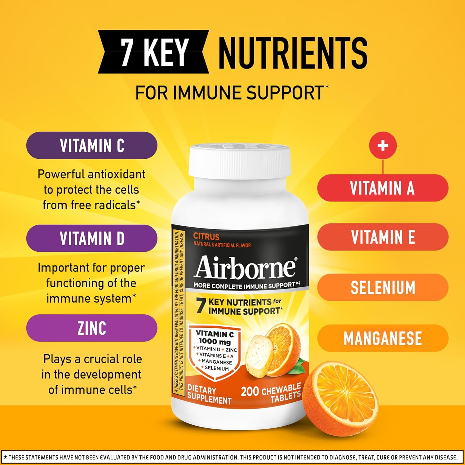 Airborne Citrus Chewable Tablets – Immune Support with 1000 mg Vitamin C – 200 Count - görsel 3