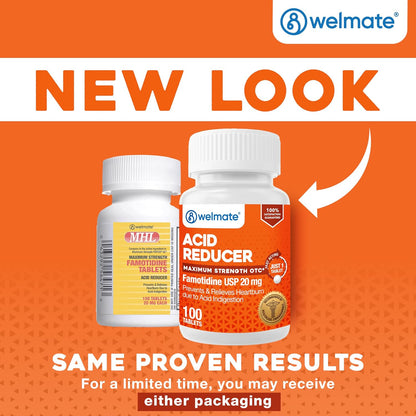 WELMATE Famotidine Acid Reducer 20 mg - Maximum Strength Heartburn Relief - 100 Tablets