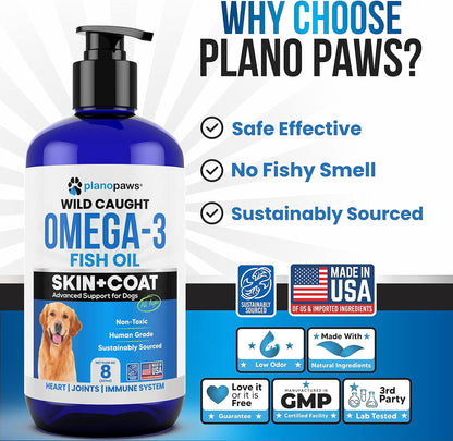 PlanoPaws Omega 3 Fish Oil for Dogs - Liquid Supplement for Skin and Coat, Joints, Brain and Heart Health