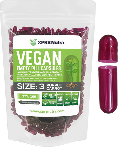 XPRS Nutra Size 3 Empty Capsules – 100 Count Vegan Vegetable Capsules (Purple Carrot)
