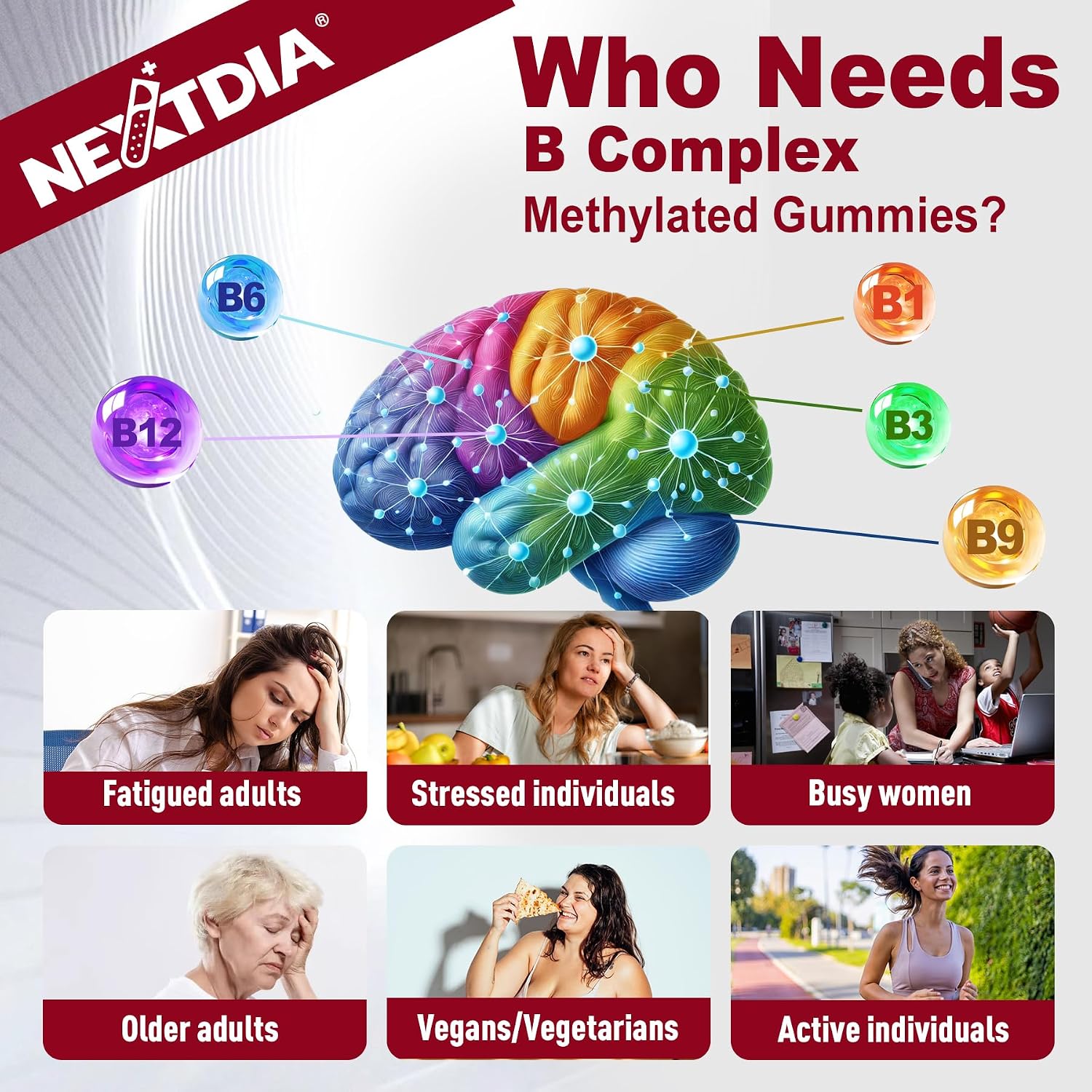 Nextdia Brain and Mood Support Gummies - Super Vitamin B Complex with Methylated B12 and Folate - görsel 7