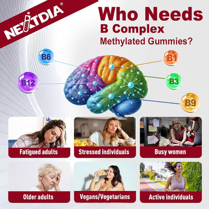 Nextdia Brain and Mood Support Gummies - Super Vitamin B Complex with Methylated B12 and Folate