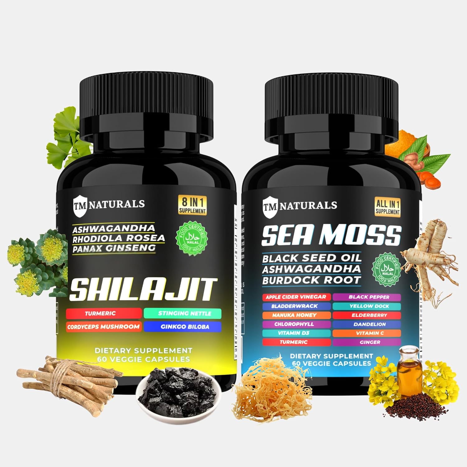 TM NATURALS Sea Moss Black Seed Oil Ashwagandha Ginger Capsules - 240 Capsules - görsel 8