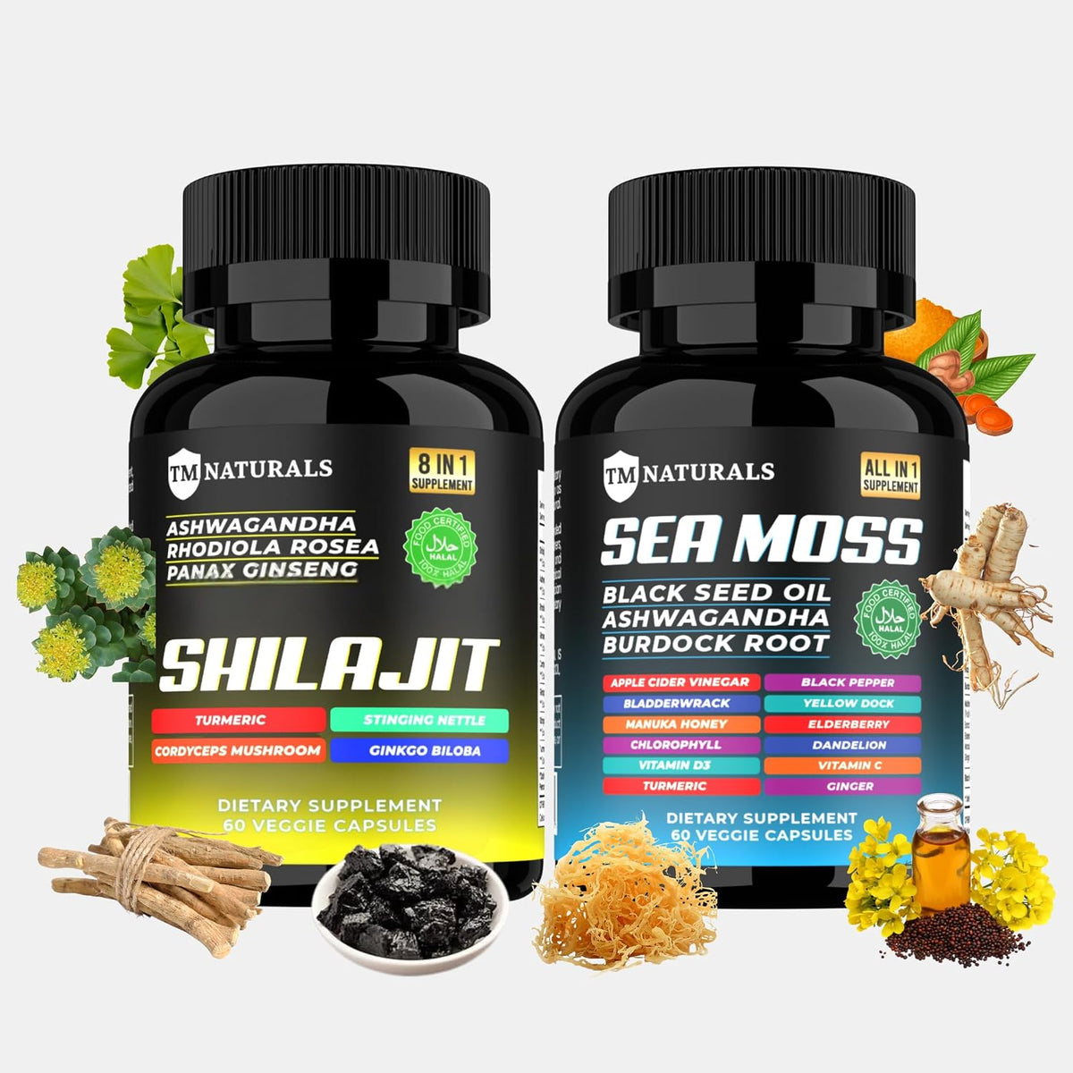 Sea Moss Shilajit Black Seed Oil Ashwagandha Ginger Capsules - Supplement with Turmeric, Ginger, Bladderwrack, Burdock Root, Organic ACV - 120 Capsules - görsel 1