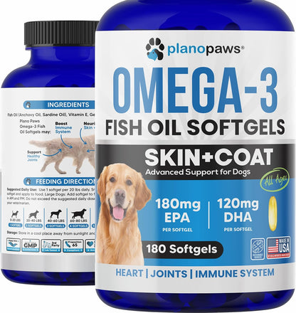 Omega 3 Fish Oil for Dogs Capsules – Salmon Oil for Dogs – Dog Fish Oil Supplement May Help Shedding, Allergy, Itching – Support Dry Skin, Joints – Dog Skin and Coat Supplement – 180 Fish Oil Pills