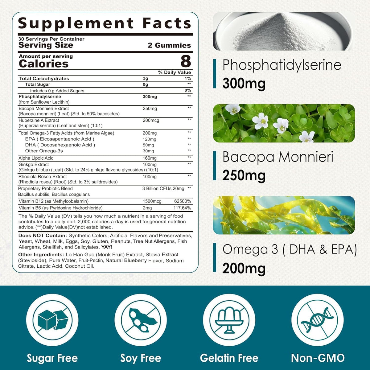 Phosphatidylserine Nootropic Brain Supplement Gummies - Focus & Energy + Bacopa Monnieri, Omega-3, Huperzine A, Methyl B12 & B6 - Non-GMO, Sugar Free, 60 Count - görsel 2