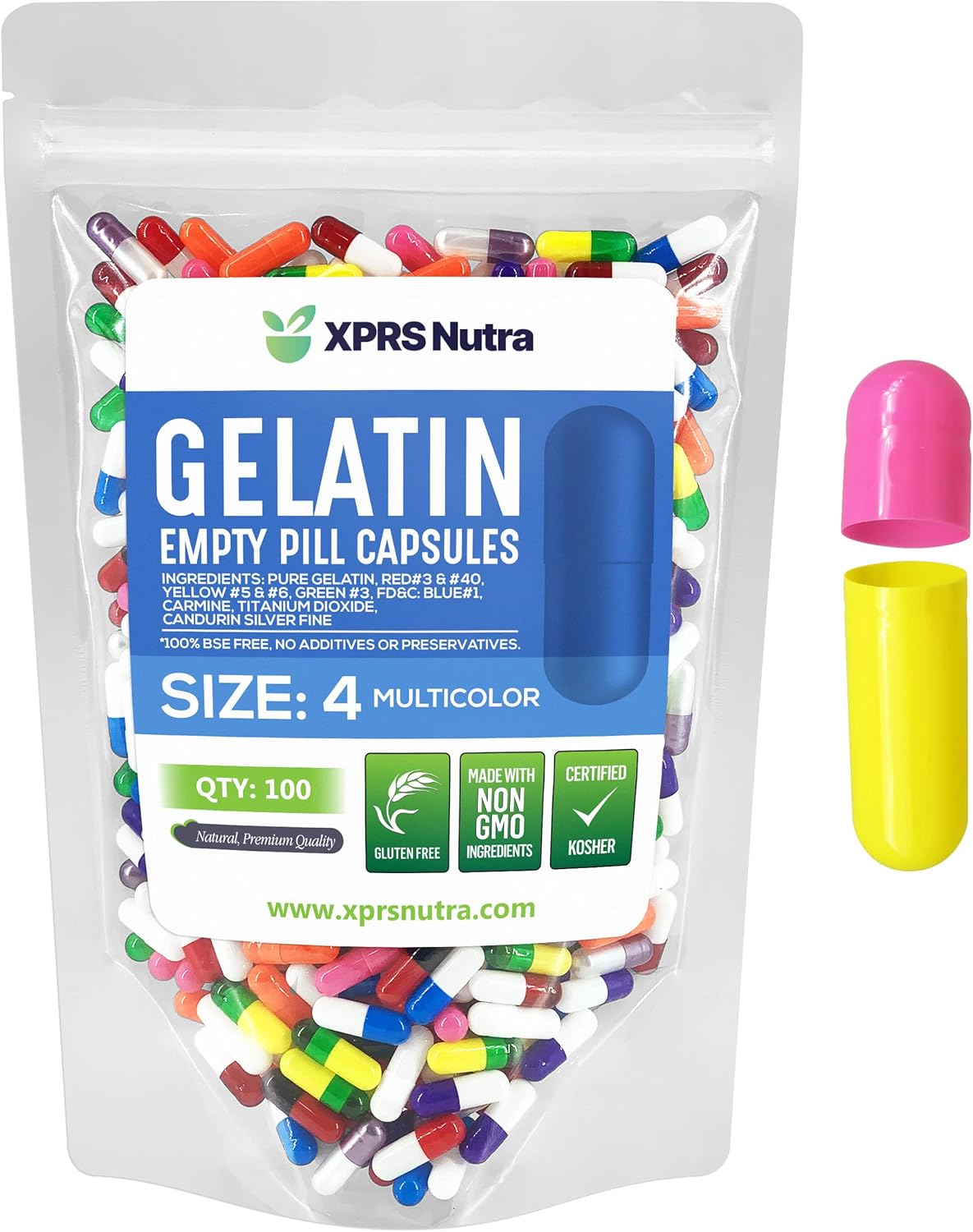XPRS Nutra Size 4 Empty Gelatine Capsules - 100 Count Small Empty Gelatine Capsules for DIY Supplement Filling - görsel 1