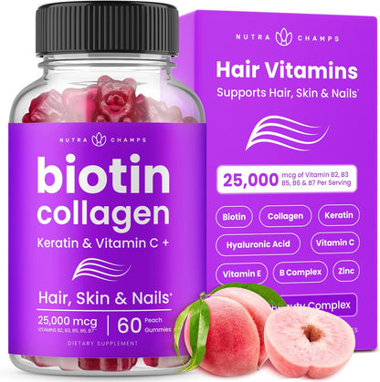 NutraChamps Biotin Gummies 5000mcg – Hair, Skin and Nails Supplement with Collagen, Keratin, Vitamin C, D3, Zinc – Berry Flavour