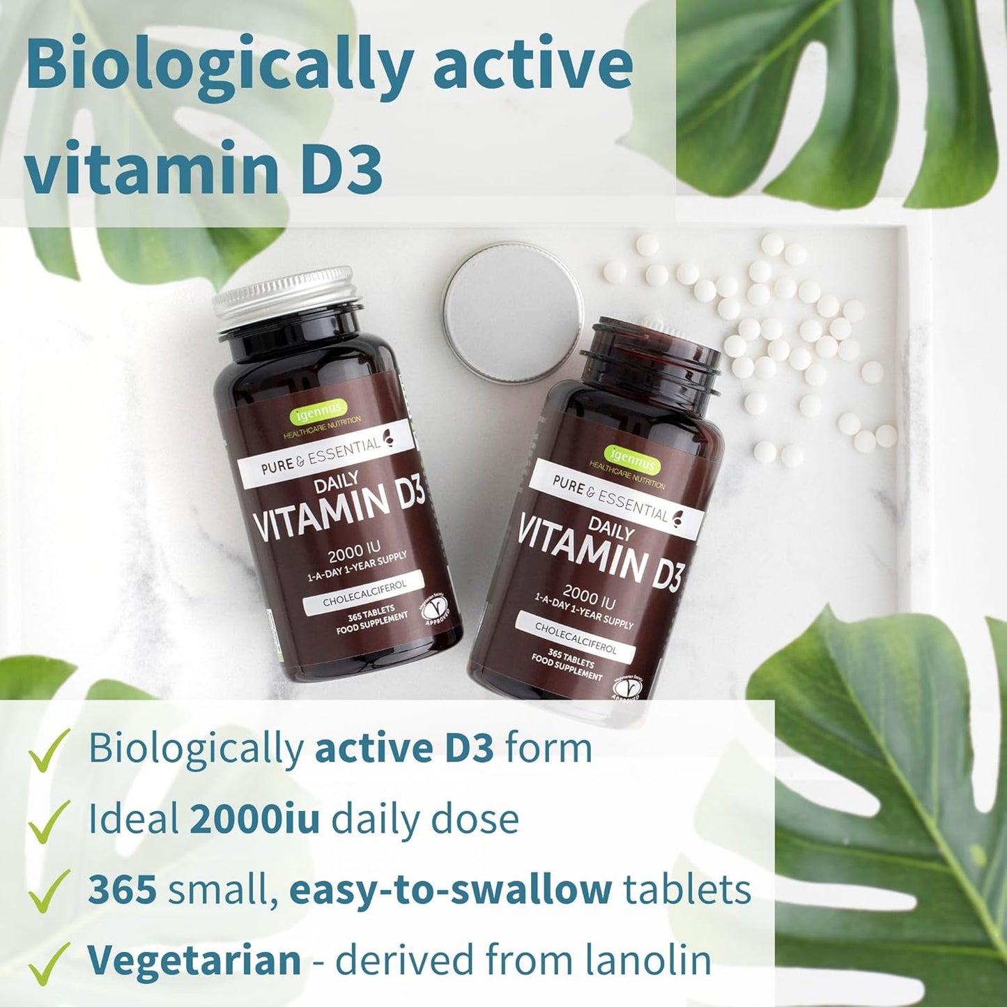 Igennus Daily Vitamin D3 2000 IU - 365 Small Tablets (1-Year Supply), Clean Label, Vegetarian - görsel 2