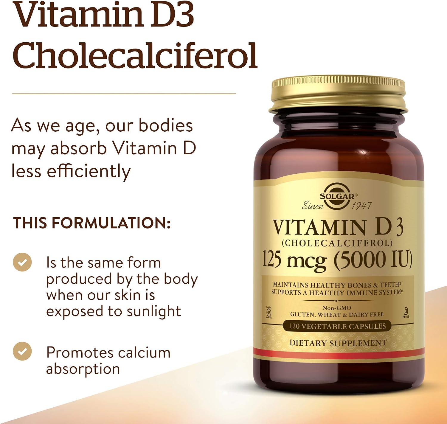 Solgar Vitamin D3 (Cholecalciferol) 125 mcg (5000 IU), 120 Vegetable Capsules - görsel 2