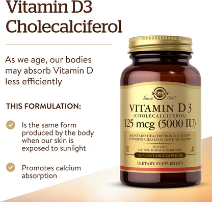 Solgar Vitamin D3 (Cholecalciferol) 125 mcg (5000 IU), 120 Vegetable Capsules