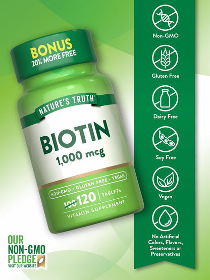 Nature's Truth Biotin 1000mcg - 120 Tablets, Vegan, Non-GMO, Gluten-free Supplement