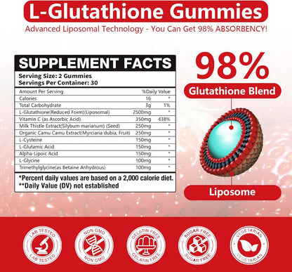 Extra Powerful 2500mg Liposomal Glutathione Gummies for Skin Radiance, Enhanced Absorption – Complex with L-Cysteine, L-Glycine, Milk Thistle for Liver Health, Antioxidant Support for Healthy Ageing