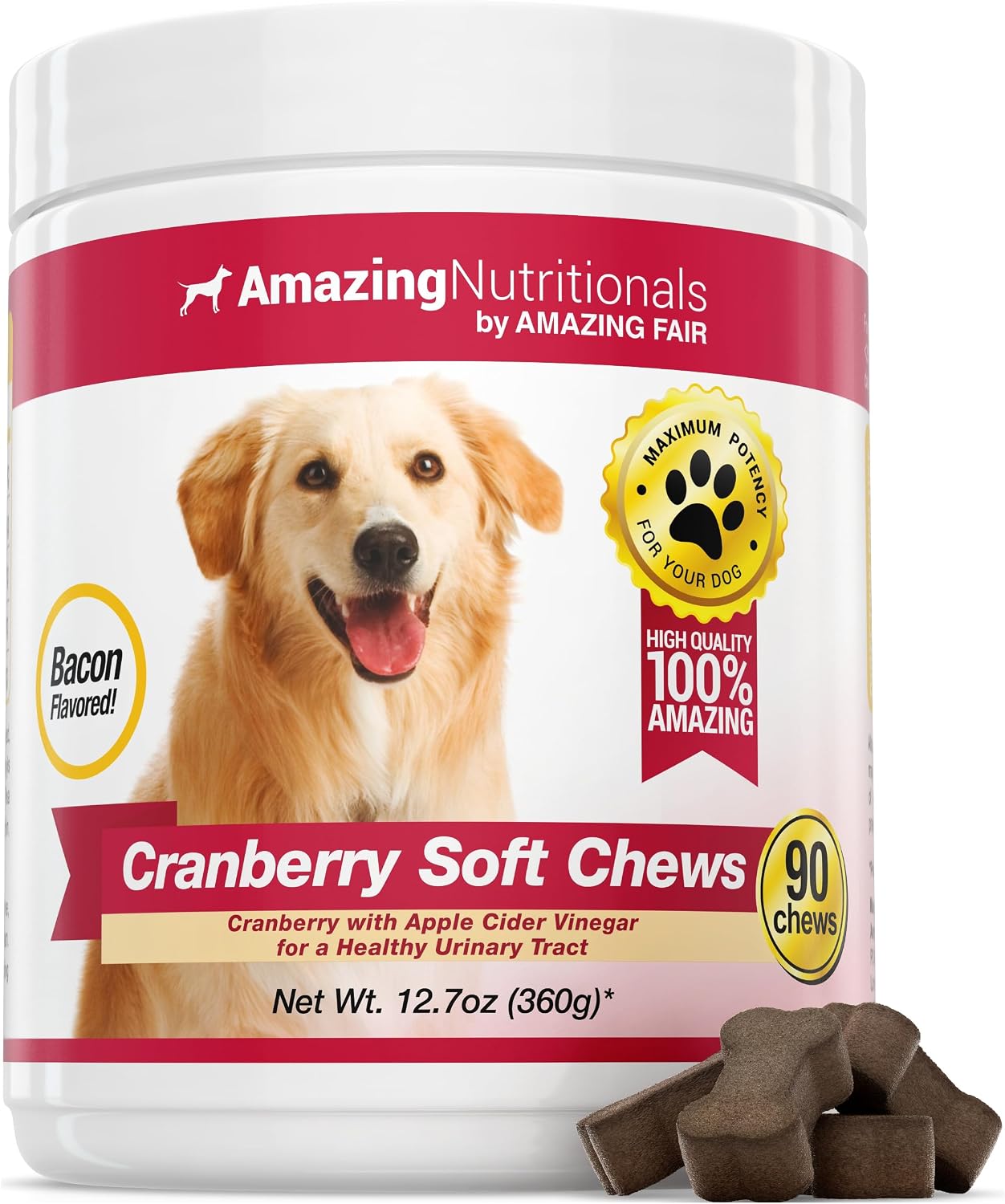 Amazing Nutritionals Cranberry Supplement for Dogs – Urinary Tract & Bladder Support – 120 Cranberry Chews with Apple Cider Vinegar – Bacon Flavour - görsel 6