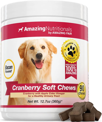 Amazing Nutritionals Cranberry Supplement for Dogs – Urinary Tract & Bladder Support – 120 Cranberry Chews with Apple Cider Vinegar – Bacon Flavour