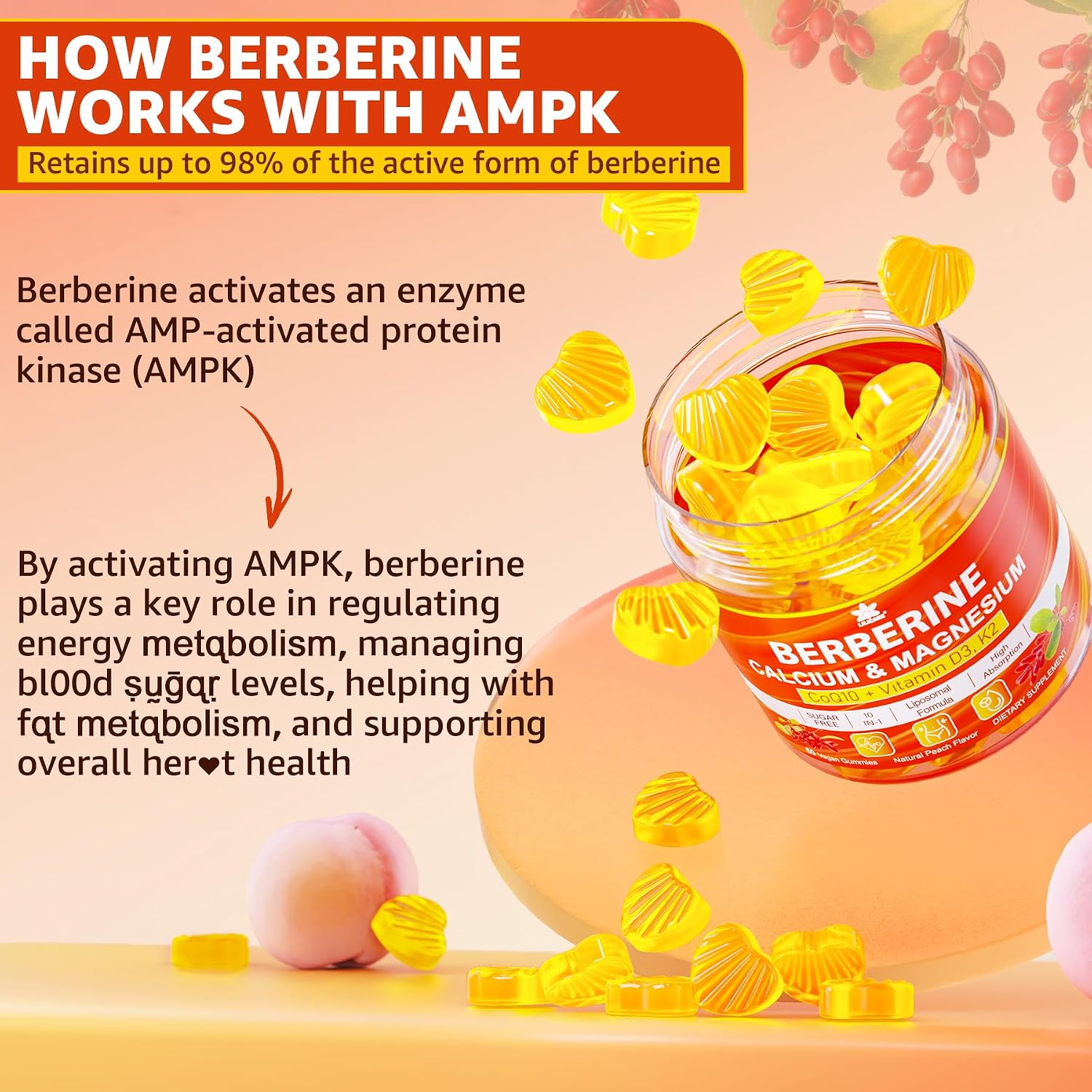 LILICARE Berberine Gummies Sugar Free, Extra Absorption with Liposomal Berberine & Berberine HCI, Calcium, Magnesium, AMPK Activator, Vegan, Pack of 1 - görsel 4