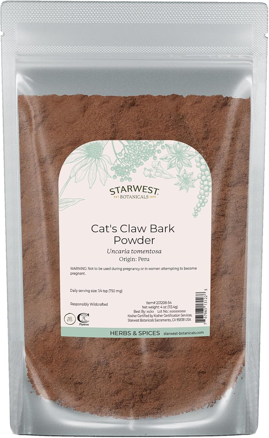 Starwest Botanicals Cat's Claw Bark Powder Wildcrafted - Dried Cat's Claw Herb for Tea, Herbal Blends, Smoothies, and Baking, Certified Kosher - 113 g Pouch - görsel 1