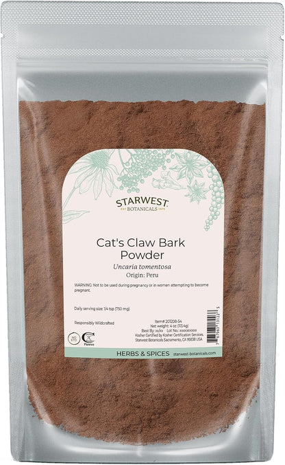 Starwest Botanicals Cat's Claw Bark Powder Wildcrafted - Dried Cat's Claw Herb for Tea, Herbal Blends, Smoothies, and Baking, Certified Kosher - 113 g Pouch