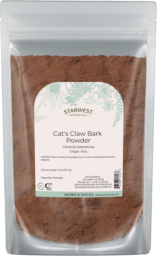 Starwest Botanicals Cat's Claw Bark Powder Wildcrafted - Dried Cat's Claw Herb for Tea, Herbal Blends, Smoothies, and Baking, Certified Kosher - 113 g Pouch