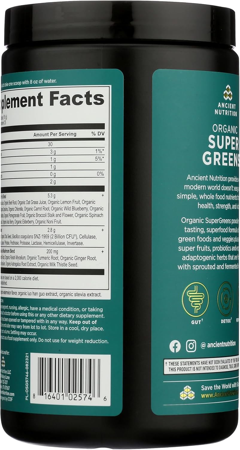 Ancient Nutrition SuperGreens Powder with Probiotics, Organic Watermelon Flavour – 25 Servings - görsel 2