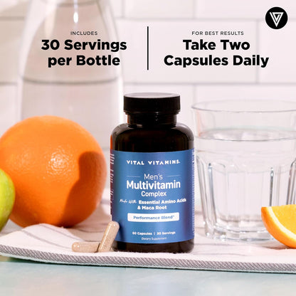 Vital Vitamins Men's Multivitamin Complex - Essential Amino Acids & Maca Root - 60 Capsules