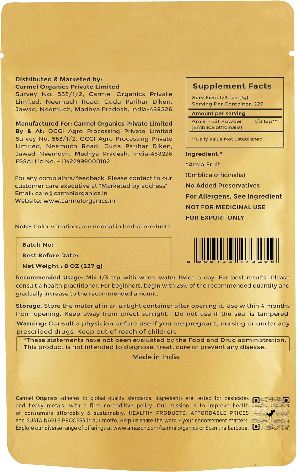CARMEL ORGANICS Amla/Amlaki (Emblica officinalis) Fruit Powder, 8 oz - görsel 2