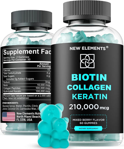 Biotin Gummies with Keratin & Collagen Peptides - Advanced Hair, Skin & Nails Support (10,000 mcg Biotin, 100,000 mcg Keratin, 100,000 mcg Collagen)