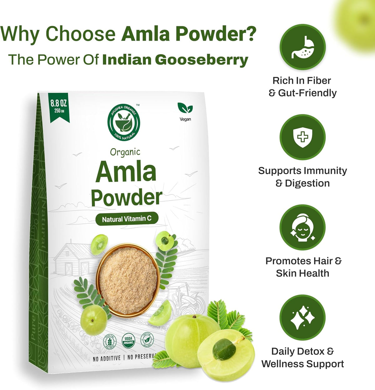 Amla Powder (Amalaki) 8.8 oz – USDA Organic Indian Gooseberry Powder, Laboratory Tested, Rich in Vitamin C & Antioxidants, Traditionally Used for Immune, Digestive & Skin Health, Non-GM, Vegan - görsel 5