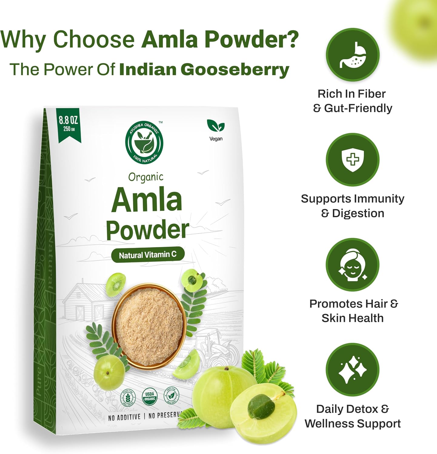 Amla Powder (Amalaki) 8.8 oz – USDA Organic Indian Gooseberry Powder, Laboratory Tested, Rich in Vitamin C & Antioxidants, Traditionally Used for Immune, Digestive & Skin Health, Non-GM, Vegan - görsel 5