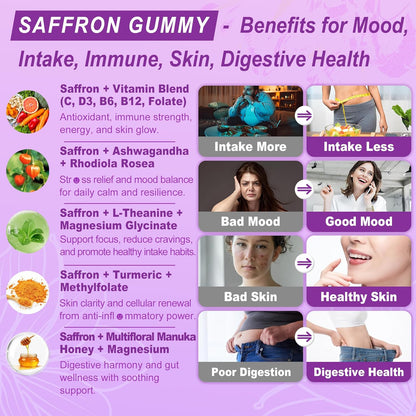 Saffron Supplement Gummies 100mg – 100% Pure Saffron Extract with Magnesium Glycinate, L-Theanine, Turmeric, Ashwagandha, Honey & Vitamin B Complex for Mood, Energy, Antioxidant Support and Vitality – 120 Gummies