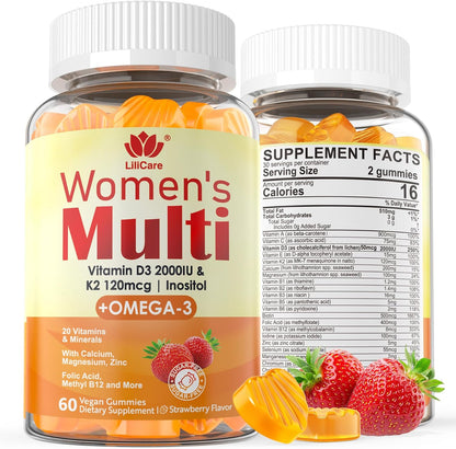 LILICARE Women's Multivitamin Gummy - Sugar-Free, Methylated B Complex, Omega-3 DHA/EPA, Vitamin D3+K2, 120 Count