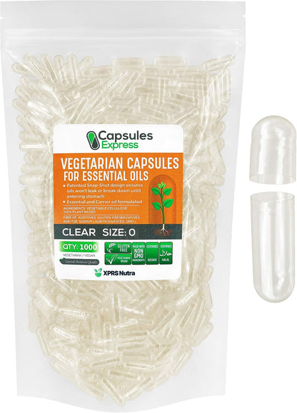 XPRS Nutra Size 0 Empty Vegan Capsules - 1000 Count Clear Veggie Capsules for Essential Oils - Empty Vegetable Caps - DIY Filling Works with Most Oils