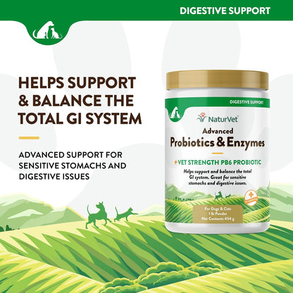 NaturVet – Advanced Probiotics & Enzymes - Plus Vet Strength PB6 Probiotic | Supports and Balances Pets with Sensitive Stomachs & Digestive Issues | for Dogs & Cats (454 g)