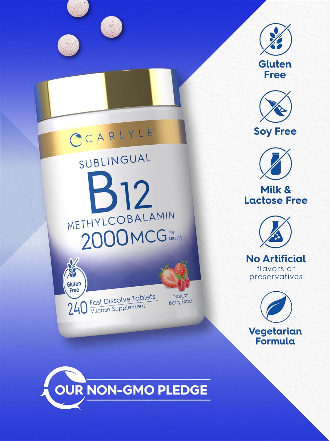 Carlyle B12 Vitamin 2000 mcg - Sublingual Methylcobalamin Fast Dissolve Tablets, Berry Flavour, 240 Count - görsel 5