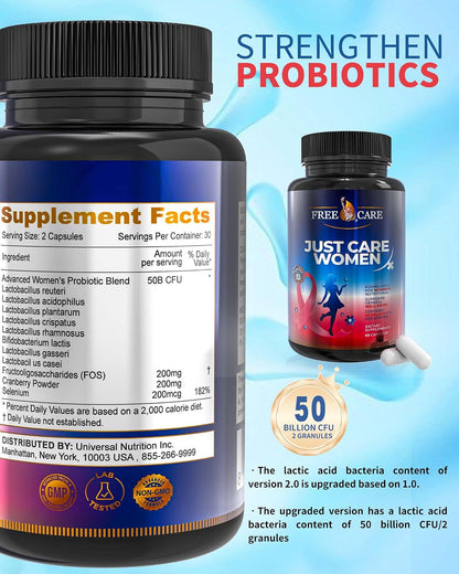 Probiotics for Women - 50 Billion CFU, 8 Strains, with Cranberry Extract, Prebiotics & Selenium, Gluten- and Dairy-Free, 60 Capsules
