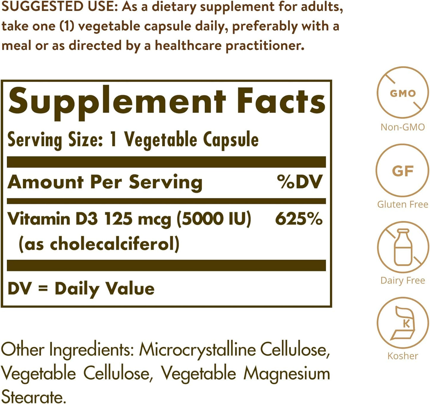 Solgar Vitamin D3 (Cholecalciferol) 125 mcg (5000 IU), 120 Vegetable Capsules - görsel 5