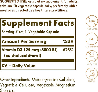 Solgar Vitamin D3 (Cholecalciferol) 125 mcg (5000 IU), 120 Vegetable Capsules