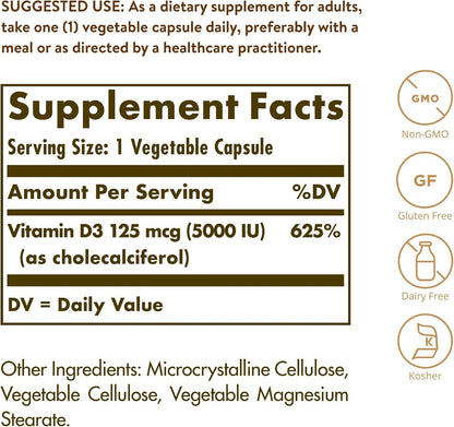 Solgar Vitamin D3 (Cholecalciferol) 125 mcg (5000 IU), 360 Vegetable Capsules