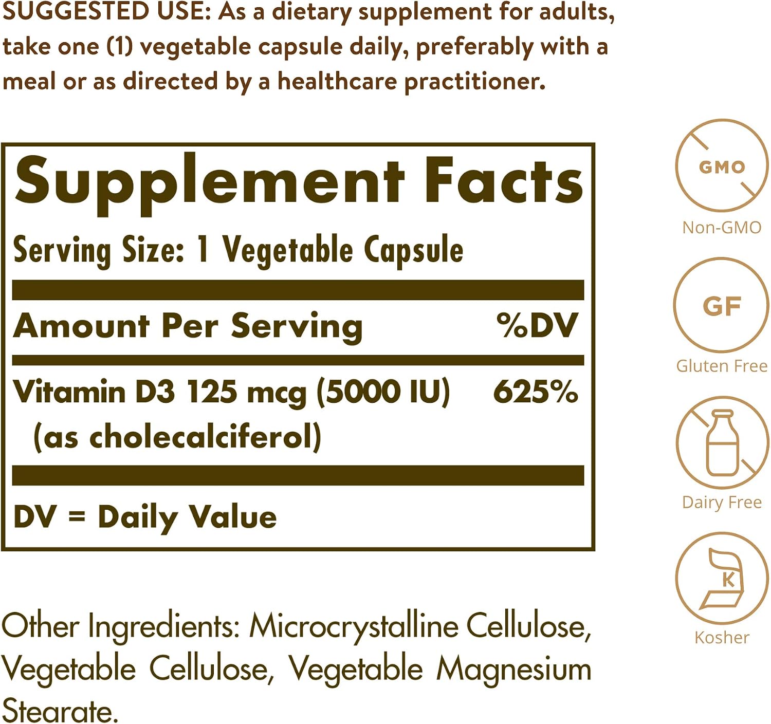 Solgar Vitamin D3 (Cholecalciferol) 125 mcg (5000 IU), 240 Vegetable Capsules - görsel 2