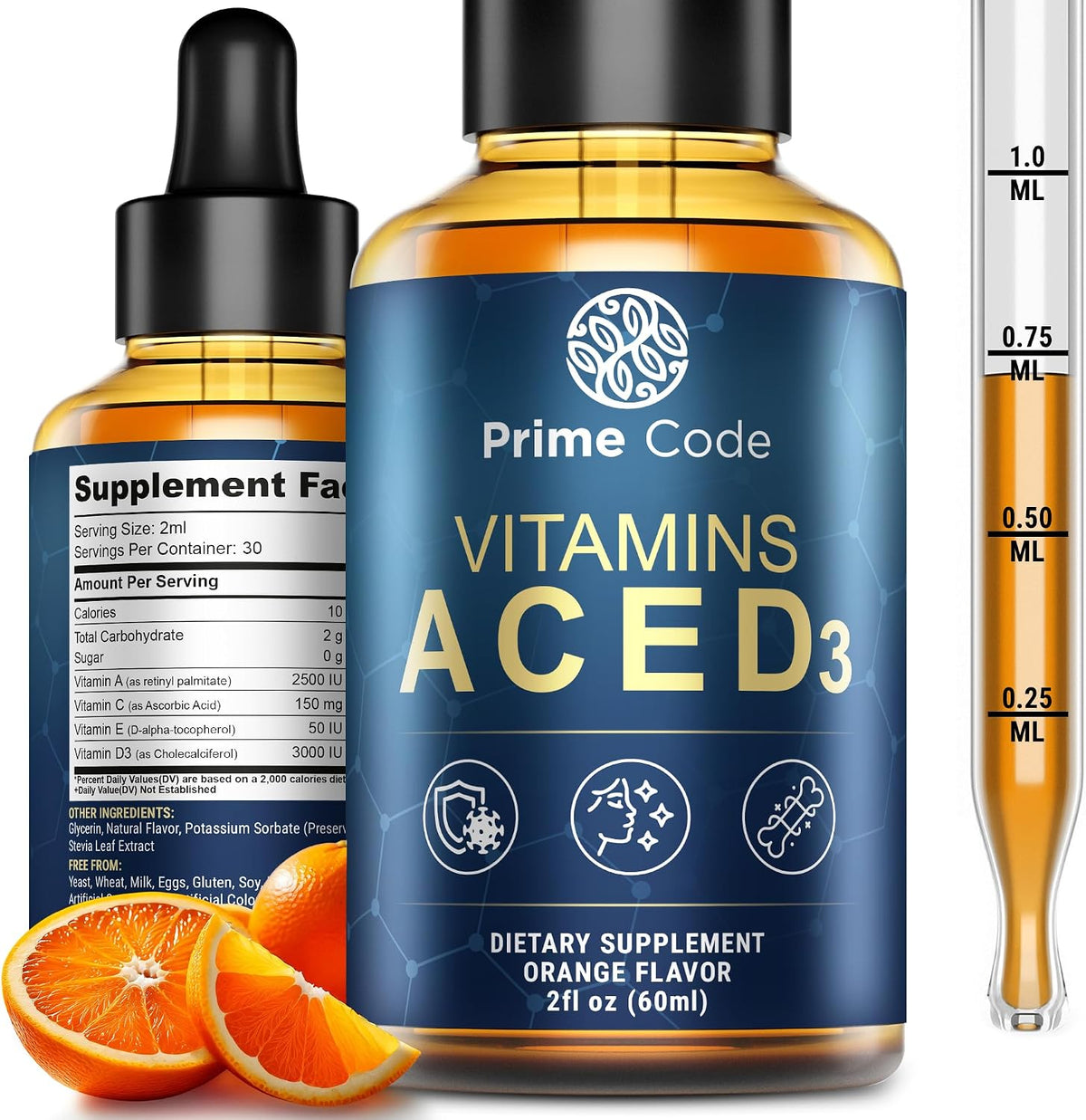 Prime Code Liquid Vitamin A Supplement with Vitamins C, D3 and E - Natural Orange, Non-GMO - görsel 1