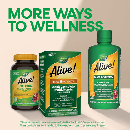 Nature's Way Alive! Max6 Potency Adult Complete Multivitamin with No Iron Added, Antioxidant Vitamins A, C, E, B-Vitamins Including Methylated B12 & Folate, Energy Metabolism Support, 90 Capsules