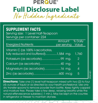PERQUE Buffered Vitamin C Ascorbate Powder - pH Balanced, Allergen-Free, Effervescent - 454 g