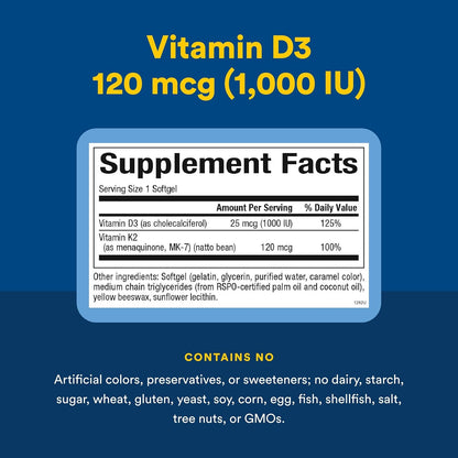 Natural Factors Vitamin D3 & K2 1000 IU/120 mcg - 60 Soft Gel Capsules