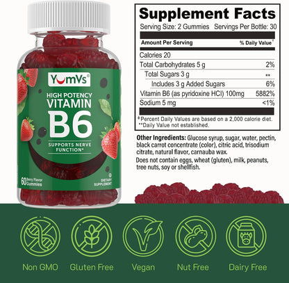 YUM-V'S Vitamin B6 Gummies – High Potency 100mg – Strawberry Flavour – Nerve & Immune Function Support – 60 Count (2 Pack)