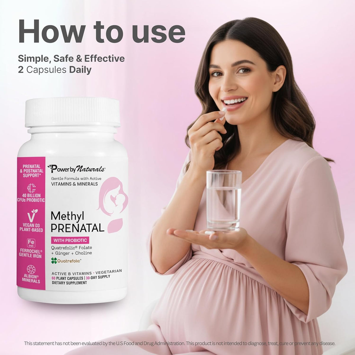 Power By Naturals Methyl Prenatal with Probiotics – Vegan Prenatal Vitamins with Iron, Methyl Folate & B12 – 60 Capsules - görsel 7