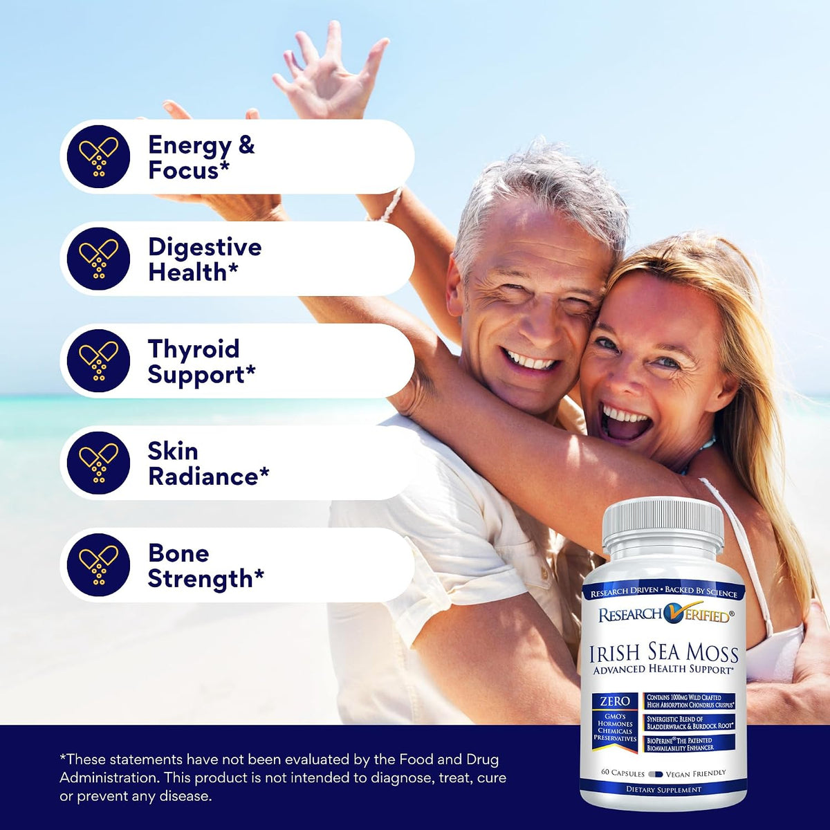Research Verified Irish Sea Moss - Bladderwrack, Burdock, BioPerine - Rich in Prebiotics - Supports Immunity & Digestion - 180 Capsules - Vegan - Made in the USA - görsel 3