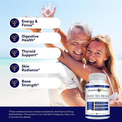 Research Verified Irish Sea Moss - Bladderwrack, Burdock, BioPerine - Rich in Prebiotics - Supports Immunity & Digestion - 180 Capsules - Vegan - Made in the USA