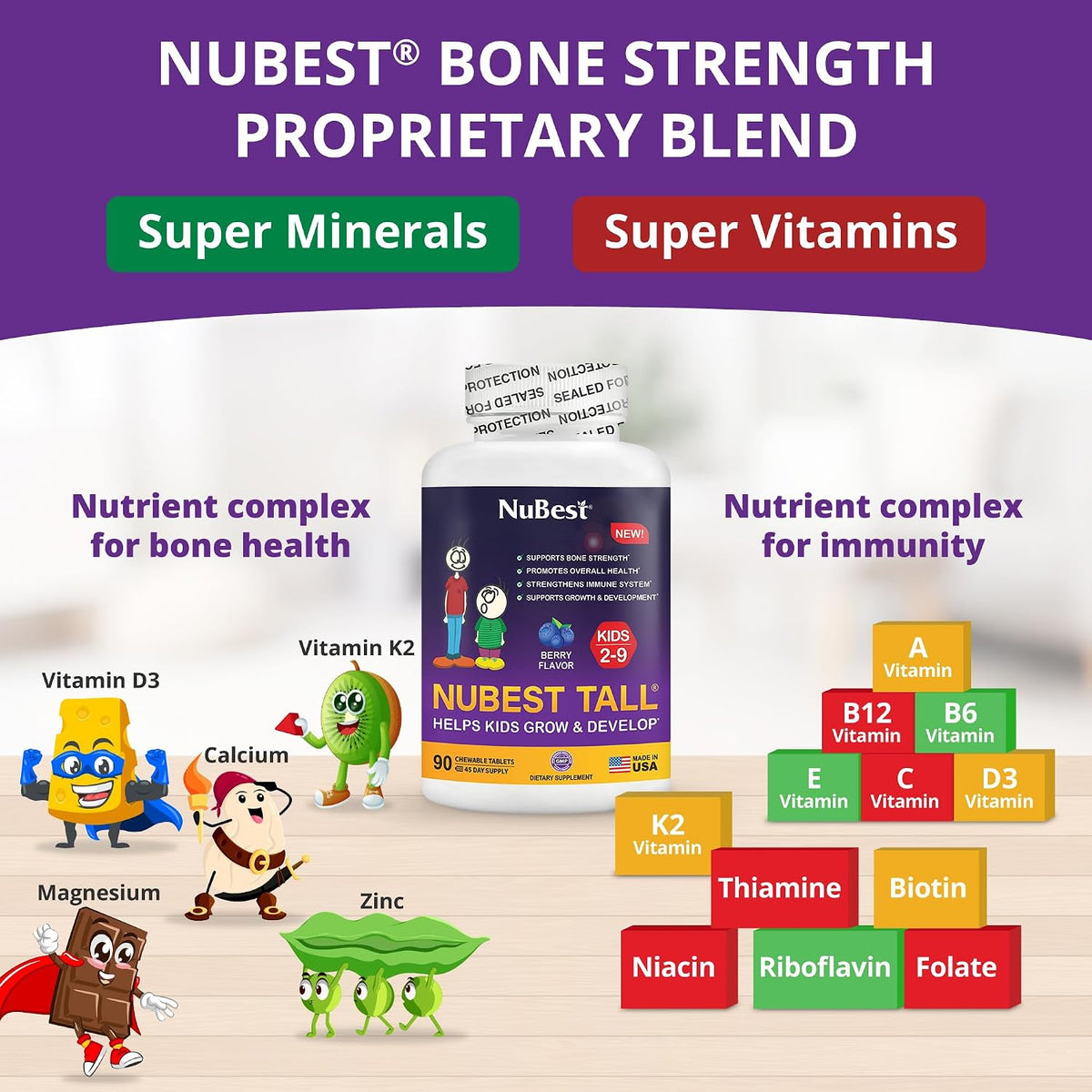 NuBest Tall Kids Chewable Vitamins for Toddlers & Kids Ages 2-9 | Bone Strength & Immune Support | 90 Berry Tablets (6-Week Supply) - görsel 2