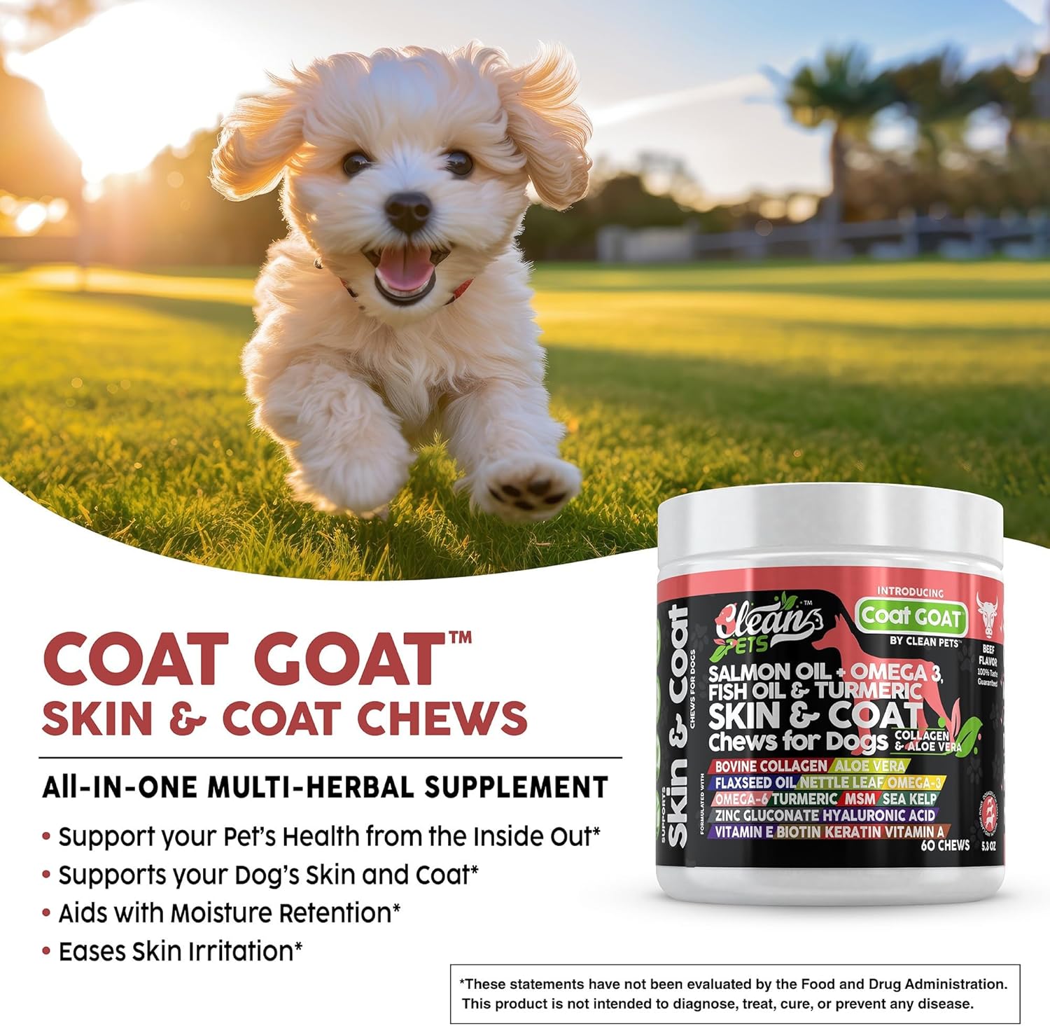 Clean Pets Salmon Oil Omega-3 Fish Oil for Dogs Skin and Coat Supplement | Dog Collagen Aloe Vera Biotin Keratin Flaxseed Nettle Leaf Sea Kelp Hyaluronic Acid Brewer's Yeast Vitamin A - Coat Goat - görsel 2