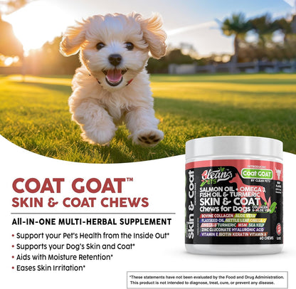 Clean Pets Salmon Oil Omega-3 Fish Oil for Dogs Skin and Coat Supplement | Dog Collagen Aloe Vera Biotin Keratin Flaxseed Nettle Leaf Sea Kelp Hyaluronic Acid Brewer's Yeast Vitamin A - Coat Goat
